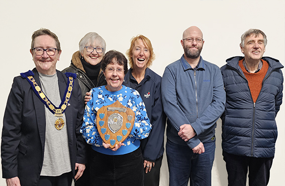 Mayor Jill Farrow, Citizen of the year 2026 Kay Pike, and her Plastic Free Axminster team